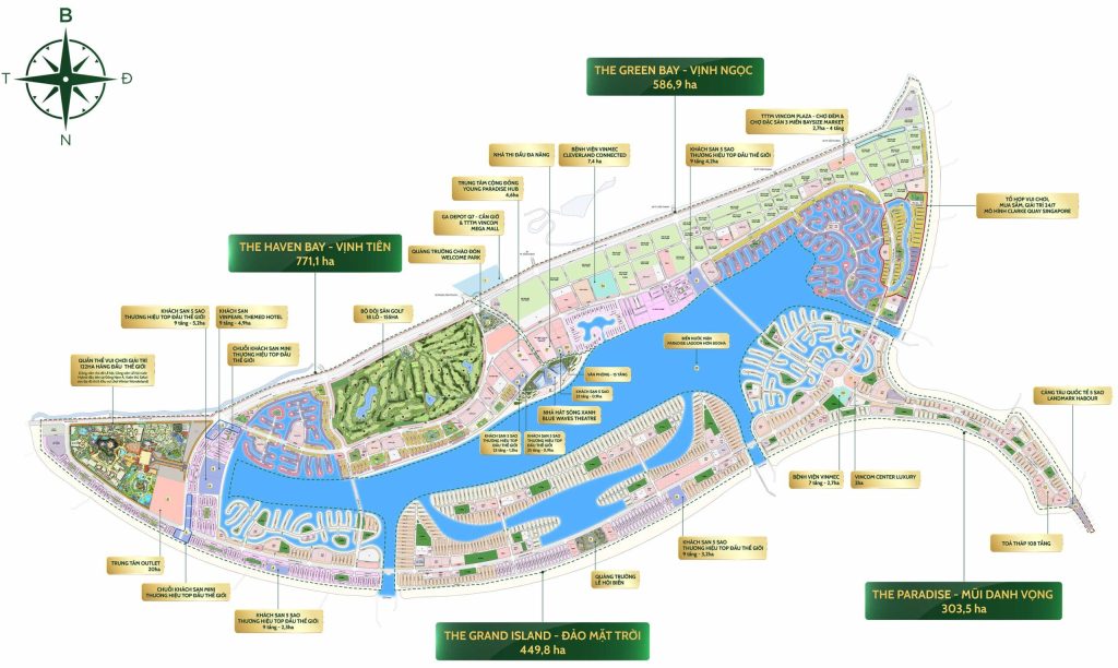 Mặt bằng tổng thể Vinhomes Cần Giờ quy mô 2.870ha, chia thành 4 phân khu chiến lược với mật độ xây dựng thấp, hài hòa thiên nhiên và không gian sống sinh thái ven biển