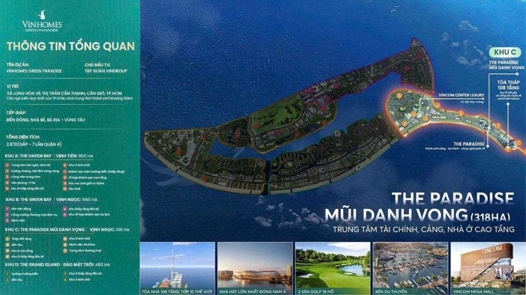 The Paradise (Mũi Danh Vọng), trái tim tài chính sầm uất của Vinhomes Cần Giờ, quy tụ tòa tháp 108 tầng, bến cảng và khu căn hộ cao cấp.